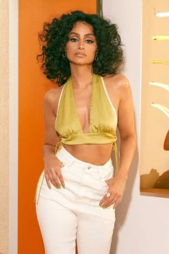 WNT All Tops Mollie Satin Ruched Halter Crop - Green