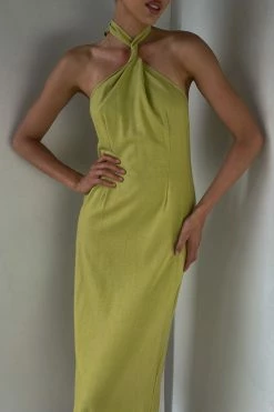 HSH DRESSES Ellie Linen Halter Midi Dress - Apple