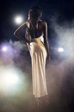 JLW Sera Diamante Maxi Dress With Low Back - Champagne DRESSES