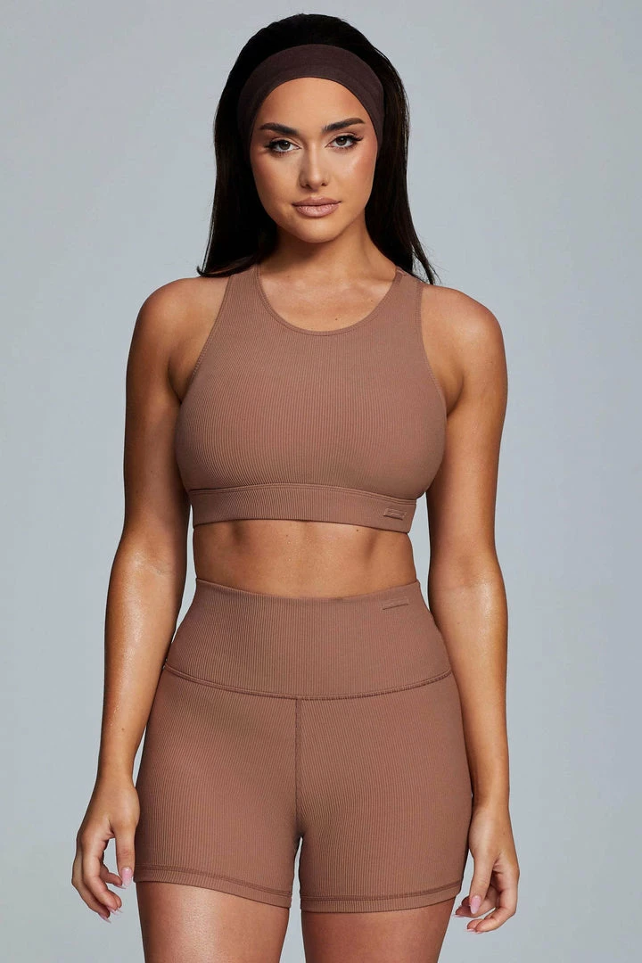 HNG Kenia Ribbed Halter Sports Bra - Mocha Activewear Tops 1 HNG Kenia Ribbed Halter Sports Bra - Mocha Activewear Tops