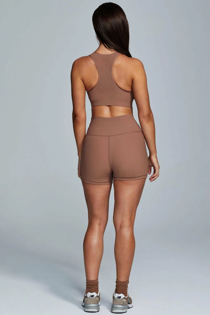 HNG Kenia Ribbed Halter Sports Bra - Mocha Activewear Tops 2 HNG Kenia Ribbed Halter Sports Bra - Mocha Activewear Tops