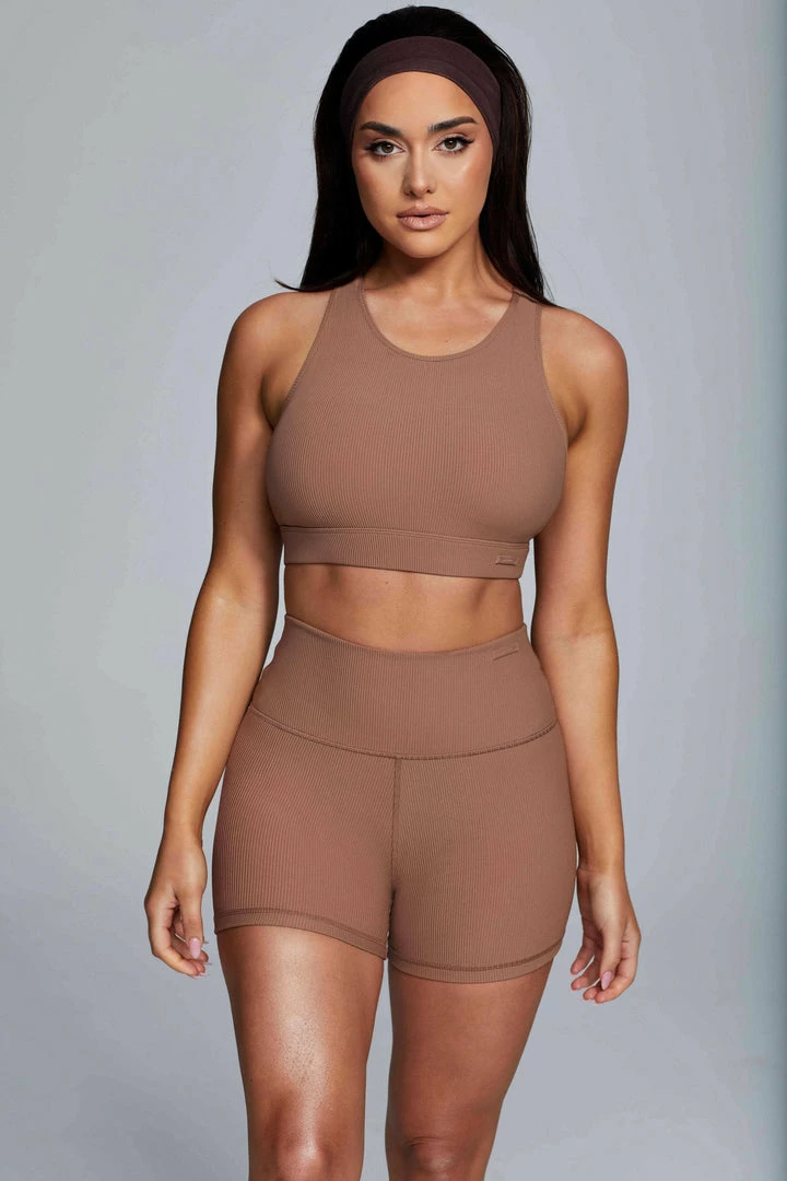 HNG Kenia Ribbed Halter Sports Bra - Mocha Activewear Tops 4 HNG Kenia Ribbed Halter Sports Bra - Mocha Activewear Tops