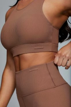 HNG Kenia Ribbed Halter Sports Bra - Mocha Activewear Tops 9 HNG Kenia Ribbed Halter Sports Bra - Mocha Activewear Tops
