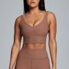 HNG Jolie Seam Detail Longline Ribbed Crop Top - Mocha Activewear Tops