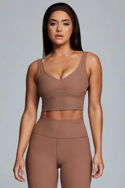 HNG Jolie Seam Detail Longline Ribbed Crop Top - Mocha Activewear Tops