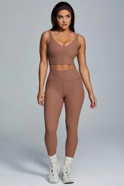 HNG Jolie Seam Detail Longline Ribbed Crop Top - Mocha Activewear Tops
