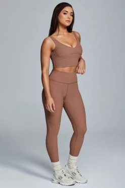 HNG Jolie Seam Detail Longline Ribbed Crop Top - Mocha Activewear Tops