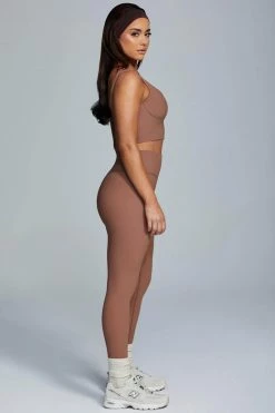 HNG Jolie Seam Detail Longline Ribbed Crop Top - Mocha Activewear Tops