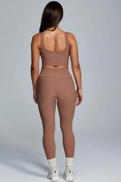 HNG Jolie Seam Detail Longline Ribbed Crop Top - Mocha Activewear Tops