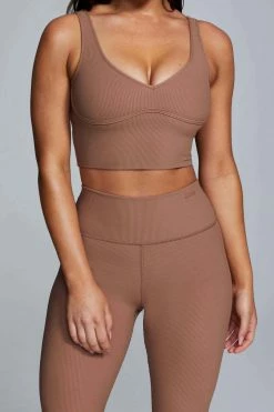 HNG Jolie Seam Detail Longline Ribbed Crop Top - Mocha Activewear Tops
