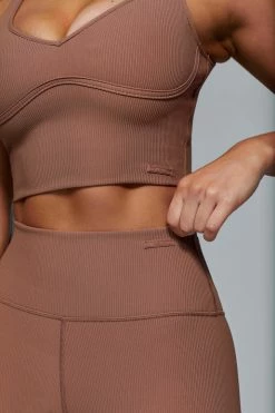 HNG Jolie Seam Detail Longline Ribbed Crop Top - Mocha Activewear Tops