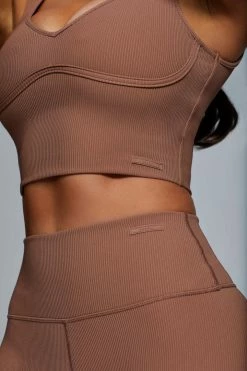 HNG Jolie Seam Detail Longline Ribbed Crop Top - Mocha Activewear Tops