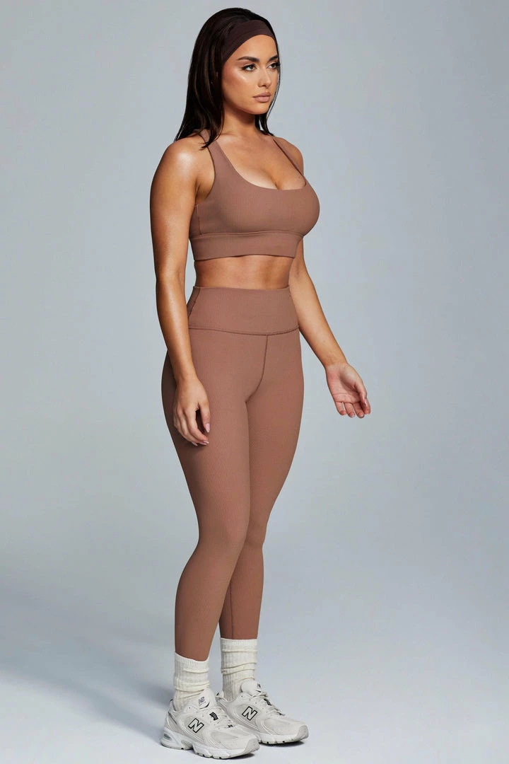 HNG Thea Ribbed Racerback Crop Top - Mocha Activewear Tops 6 HNG Thea Ribbed Racerback Crop Top - Mocha Activewear Tops