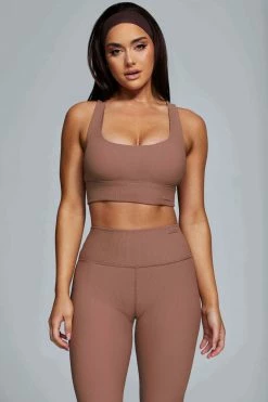 HNG Thea Ribbed Racerback Crop Top - Mocha Activewear Tops 10 HNG Thea Ribbed Racerback Crop Top - Mocha Activewear Tops