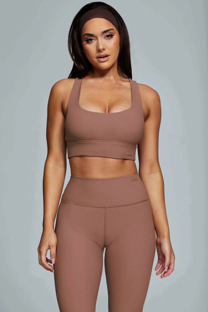 HNG Thea Ribbed Racerback Crop Top - Mocha Activewear Tops 3 HNG Thea Ribbed Racerback Crop Top - Mocha Activewear Tops
