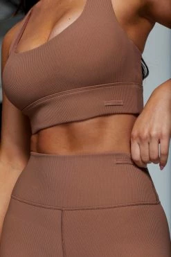 HNG Thea Ribbed Racerback Crop Top - Mocha Activewear Tops 12 HNG Thea Ribbed Racerback Crop Top - Mocha Activewear Tops