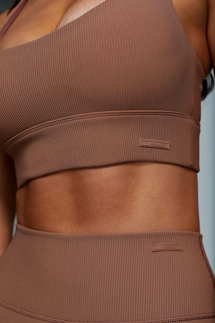 HNG Thea Ribbed Racerback Crop Top - Mocha Activewear Tops 4 HNG Thea Ribbed Racerback Crop Top - Mocha Activewear Tops