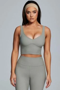 HNG Jolie Seam Detail Longline Ribbed Crop Top - Sage