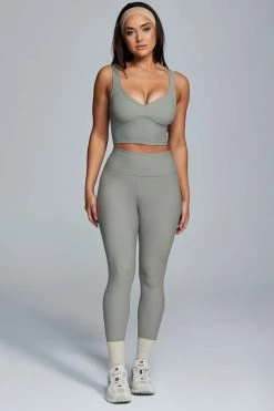 HNG Jolie Seam Detail Longline Ribbed Crop Top - Sage