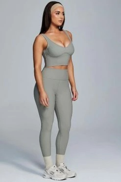 HNG Jolie Seam Detail Longline Ribbed Crop Top - Sage