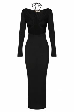 ROM Maddie Long Sleeve Ruched Midi Dress - Black