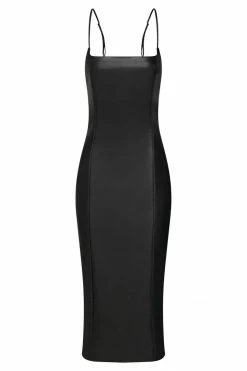 LCH Celine Faux Leather Square Neck Midi Dress - Black DRESSES
