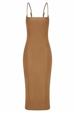 LCH DRESSES Celine Faux Leather Square Neck Midi Dress - Dark Tan