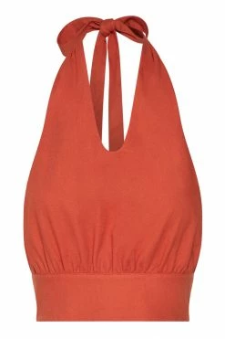 HSH All Tops Piper Halter Neck Linen Crop Top - Terracotta