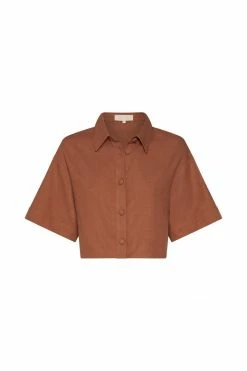 QNG All Tops Maja Button Up Cropped Linen Shirt - Brown