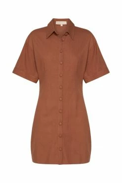QNG Palma Cinched Waist Linen Mini Dress - Brown