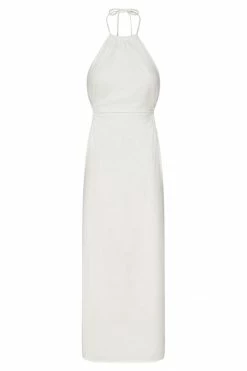 QNG DRESSES Athena Halter Neck Cut Out Linen Midi Dress - White