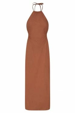 QNG DRESSES Athena Halter Neck Cut Out Linen Midi Dress - Brown 17 QNG DRESSES Athena Halter Neck Cut Out Linen Midi Dress - Brown
