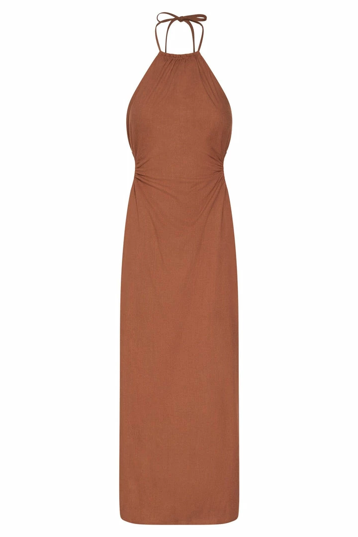 QNG DRESSES Athena Halter Neck Cut Out Linen Midi Dress - Brown 9 QNG DRESSES Athena Halter Neck Cut Out Linen Midi Dress - Brown