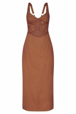 QNG Serena Cut Out O Ring Linen Midi Dress - Brown 23 QNG Serena Cut Out O Ring Linen Midi Dress - Brown