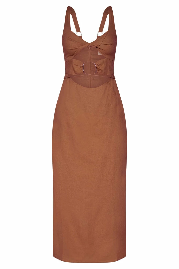 QNG Serena Cut Out O Ring Linen Midi Dress - Brown 12 QNG Serena Cut Out O Ring Linen Midi Dress - Brown