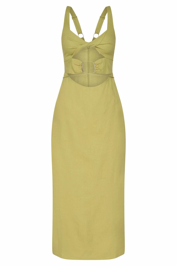 QNG Serena Cut Out O Ring Linen Midi Dress - Apple DRESSES 12 QNG Serena Cut Out O Ring Linen Midi Dress - Apple DRESSES