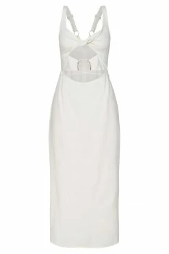 QNG Serena Cut Out O Ring Linen Midi Dress - White 19 QNG Serena Cut Out O Ring Linen Midi Dress - White