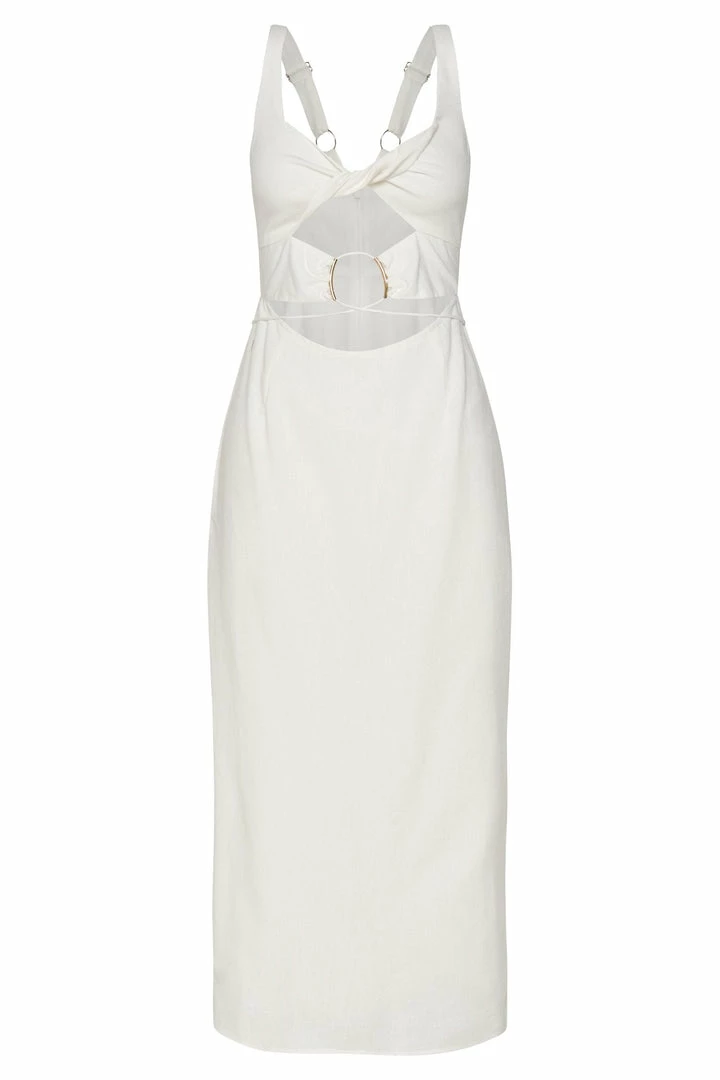 QNG Serena Cut Out O Ring Linen Midi Dress - White 10 QNG Serena Cut Out O Ring Linen Midi Dress - White
