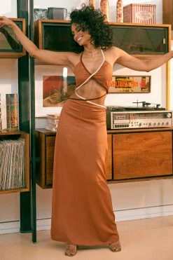 WNT Gemma Satin Contrast Binding Cut Out Dress - Biscuit DRESSES 13 WNT Gemma Satin Contrast Binding Cut Out Dress - Biscuit DRESSES