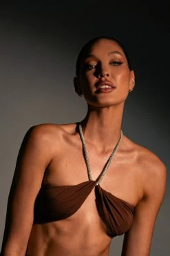 AMC All Tops Lea Diamante Chain Halter Neck Crop Top - Chocolate