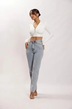 WXI Rebecca Zip Up Crop Long Sleeve Top - White