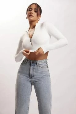 WXI Rebecca Zip Up Crop Long Sleeve Top - White