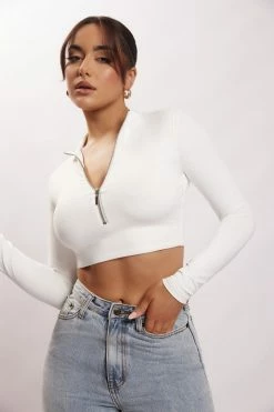 WXI Rebecca Zip Up Crop Long Sleeve Top - White