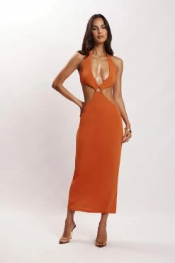 AMC Natalie Halter Neck Cut Out Midi Dress - Burnt Orange DRESSES