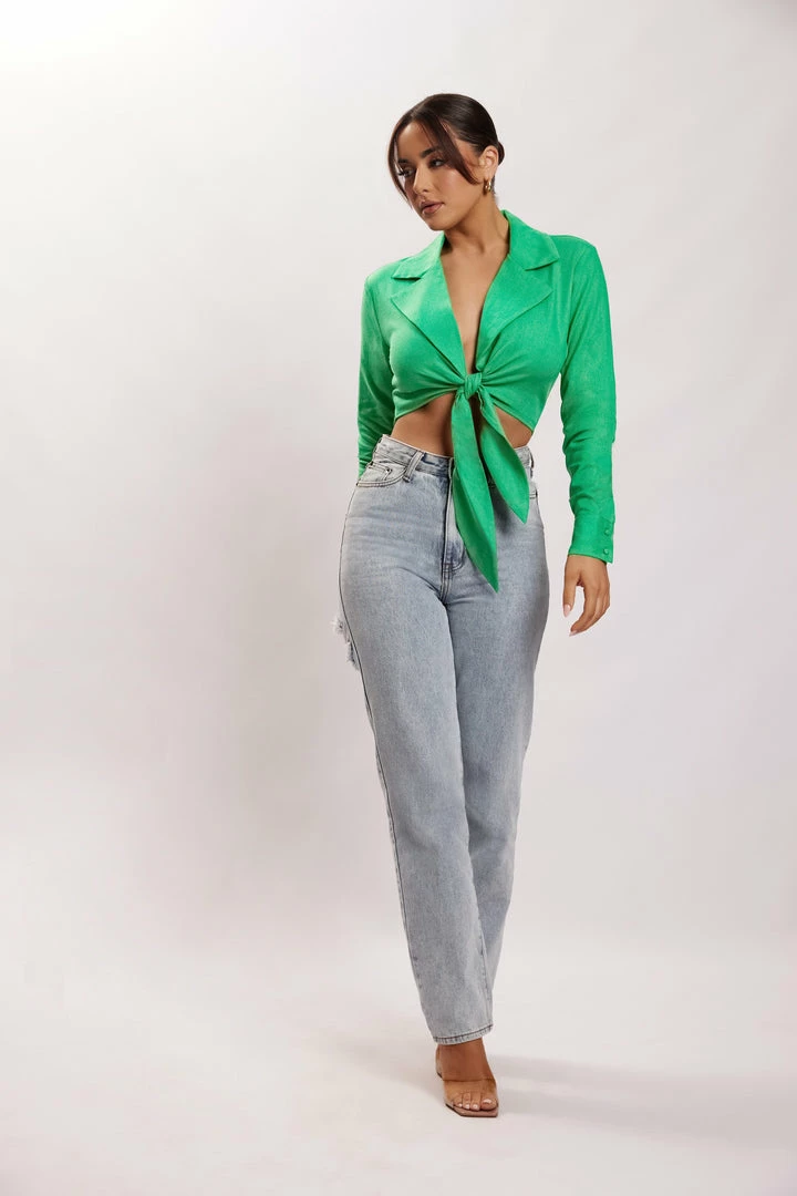 WNT All Tops Priscilla Tie Front Linen Crop Top - Green 3 WNT All Tops Priscilla Tie Front Linen Crop Top - Green