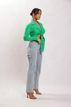 WNT All Tops Priscilla Tie Front Linen Crop Top - Green 18 WNT All Tops Priscilla Tie Front Linen Crop Top - Green