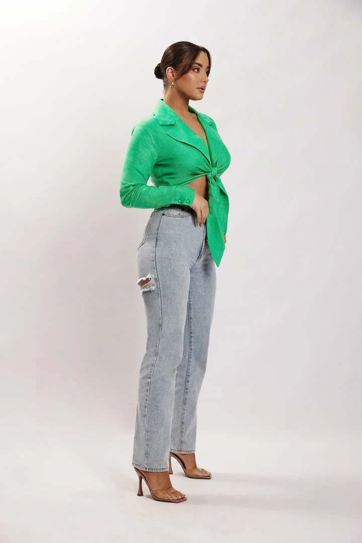 WNT All Tops Priscilla Tie Front Linen Crop Top - Green 5 WNT All Tops Priscilla Tie Front Linen Crop Top - Green