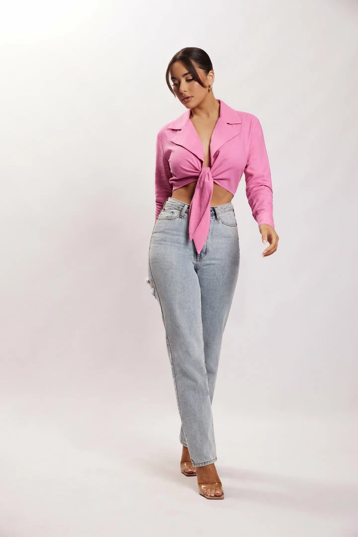 WNT Priscilla Tie Front Linen Crop Top - Candy Pink All Tops 3 WNT Priscilla Tie Front Linen Crop Top - Candy Pink All Tops