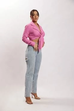 WNT Priscilla Tie Front Linen Crop Top - Candy Pink All Tops 16 WNT Priscilla Tie Front Linen Crop Top - Candy Pink All Tops