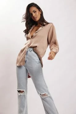 JLW Liliana Satin Shirt - Taupe All Tops 14 JLW Liliana Satin Shirt - Taupe All Tops